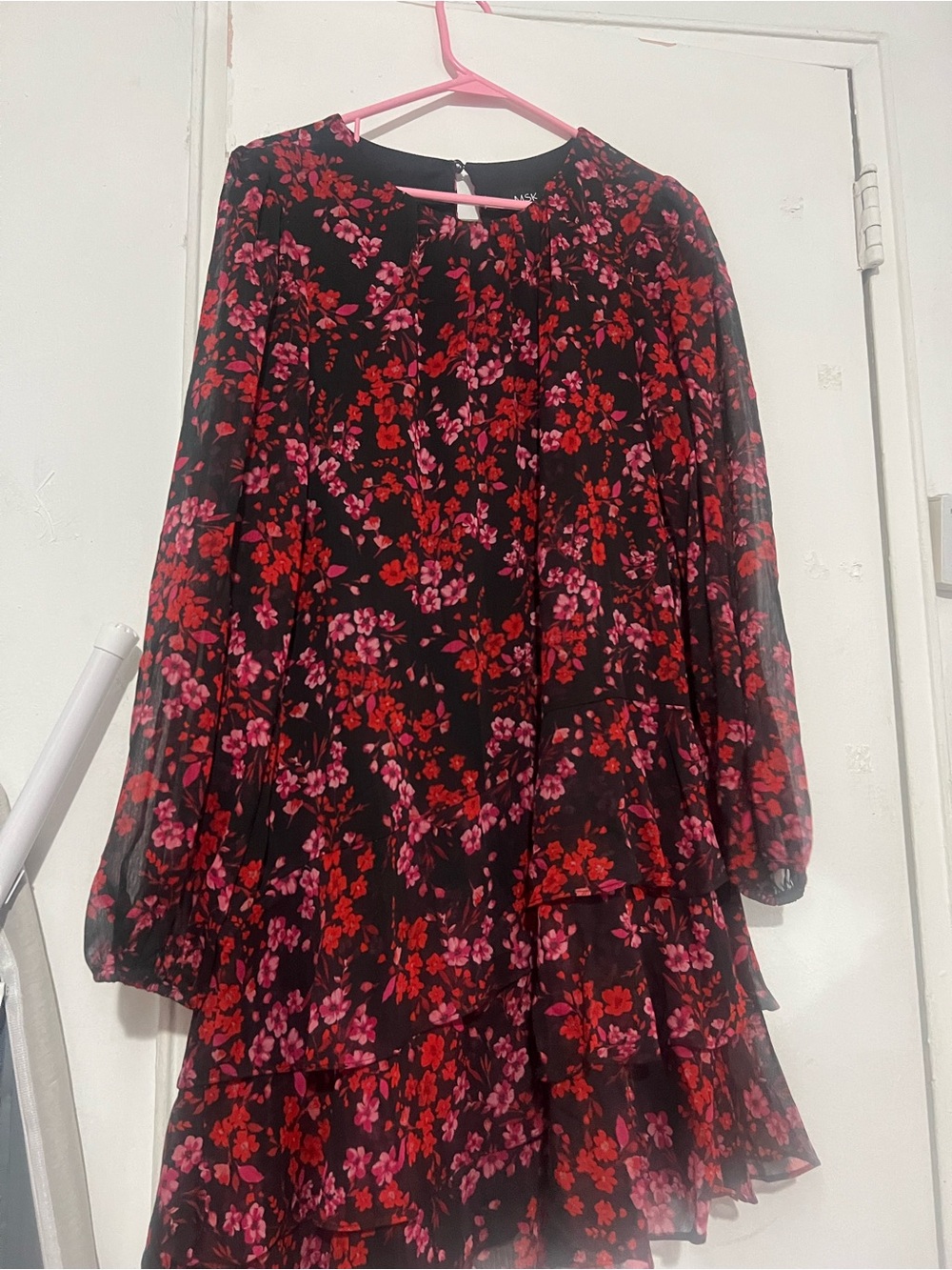 MSK Black Dress with Red and Pink Floral Print